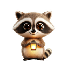 Adorable cartoon raccoon character holding a glowing lantern in its paws, smiling warmly against a plain background, perfect for children's illustrations and playful designs.