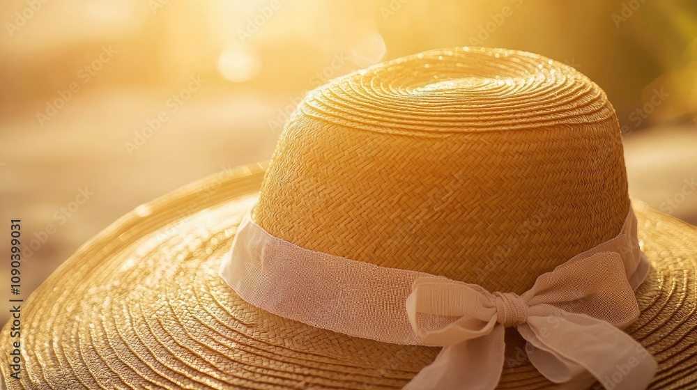 Aufkleber elegant straw hat with a ribbon band at sunset with soft light creating a warm and inviting atmosphe