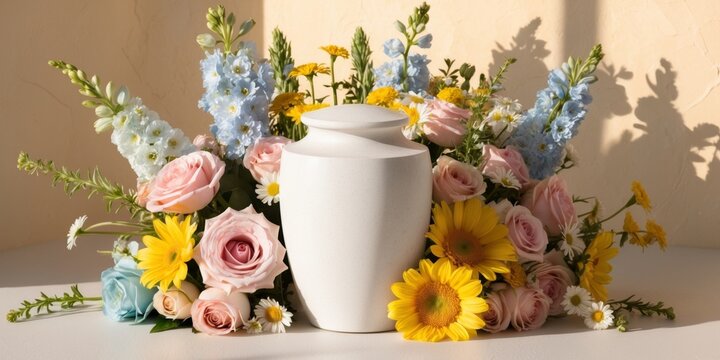 Stone cremation urn surrounded by colorful flowers in sunlight.