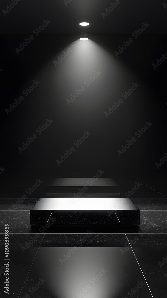 Poster 33. a high-gloss black podium with clean edges, softly illuminated from above, creating an open spac