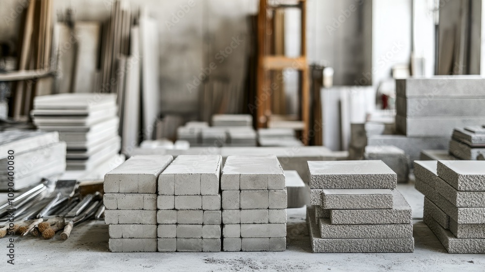Poster rows of concrete blocks and building materials on a construction site in a workshop environment with