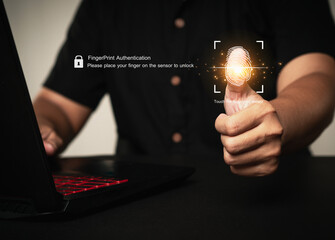 Fingerprint authentication concept with glowing thumbprint scan and laptop, digital security theme.