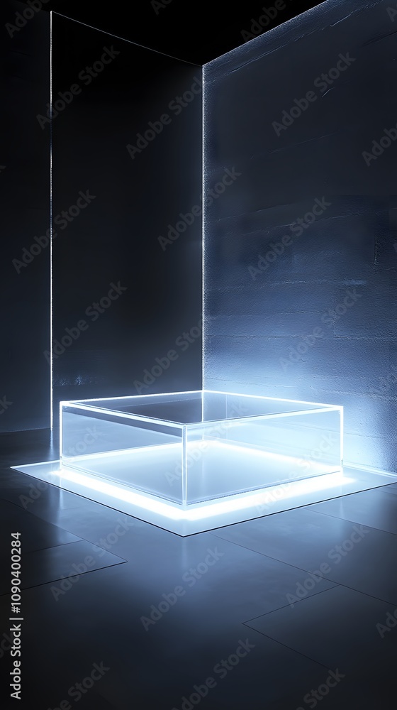 Poster 34. a simple clear podium with soft lighting from beneath, offering a clean and spacious display are