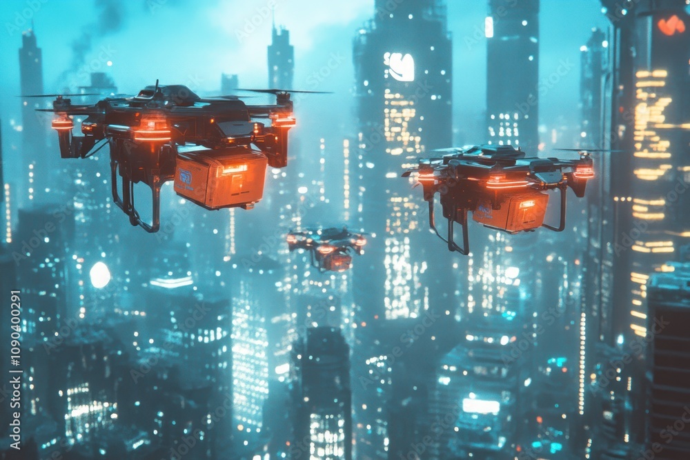 Poster here's a and keyword list for your image.. futuristic delivery drones soaring over a vibrant cyberpu