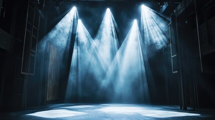 Obraz premium Spotlight and Fog in Theater with Dramatic Lighting Effects, Highlighting Empty Stage Ready for Performance or Event in an Intimate Venue Setting