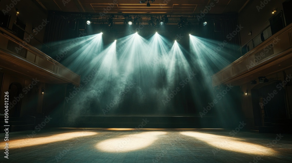 Poster dramatic stage lighting with rays of light illuminating an empty theatre space ideal for performance