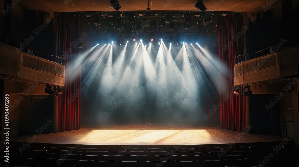 Poster bright stage lights in a dark theater setting with a wooden floor and red curtains creating a dramat