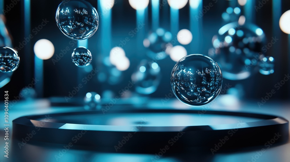 Poster abstract visual of floating bubbles in blue light with a modern background, suitable for themes of s