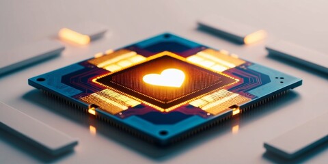 A colorful computer chip with a glowing heart in the middle.