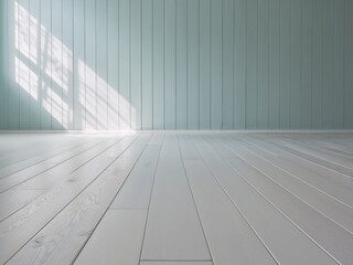 Obraz premium Light blue wooden wall with white planks flooring in a simple indoor setting.