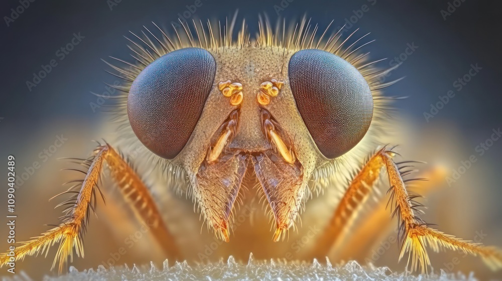 Poster close-up of a bee showcasing intricate details and textures of its features.