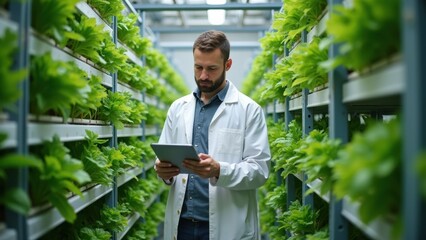 A scientist in a white lab coat monitors plant growth in an indoor vertical farm. He uses a tablet to collect data and ensure optimal growing conditions among lush greenery