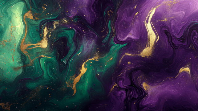Abstract ink paint flow art background in vibrant tones--purple, green, gold blending swirling together, soft gradients, metallic accents, subtle glitter highlights, fluid modern aesthetic Mardi Gras