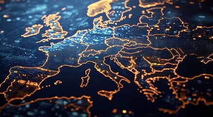 A map of Europe with glowing lights and digital data points