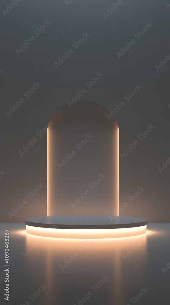 Poster 38. a high-end podium with a smooth white surface, illuminated from beneath, leaving an open space f