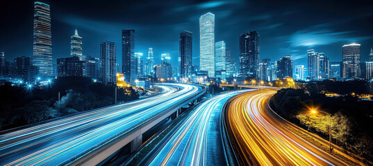 Obraz premium Nighttime cityscape with glowing windows