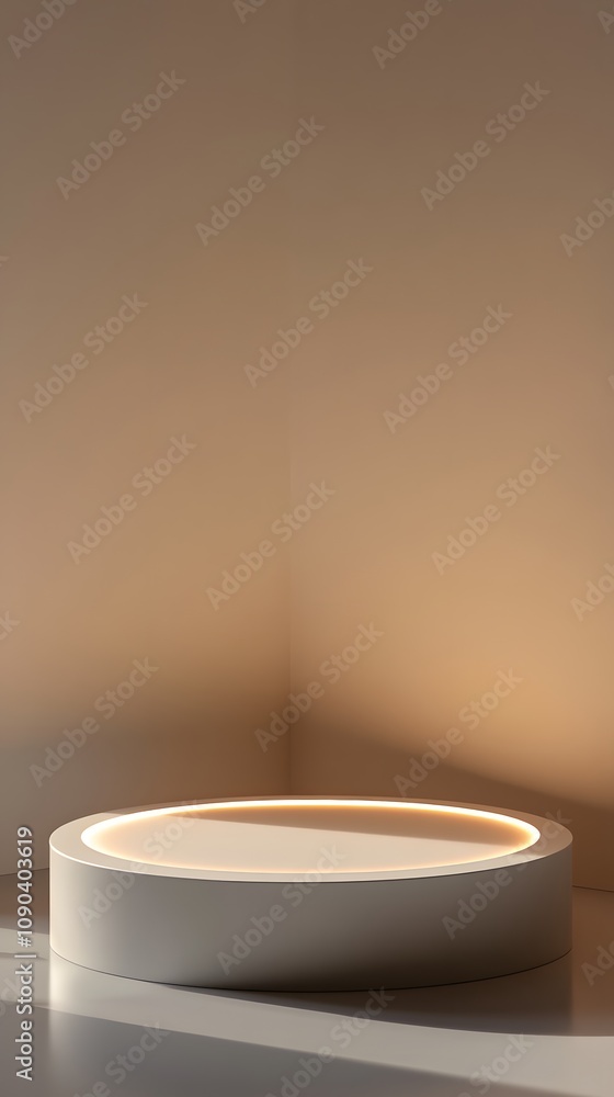 Aufkleber 38. a high-end podium with a smooth white surface, illuminated from beneath, leaving an open space f