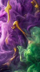 Fototapeta premium Abstract ink paint flow art background in vibrant tones--purple, green, gold blending swirling together, soft gradients, metallic accents, subtle glitter highlights, fluid modern aesthetic Mardi Gras