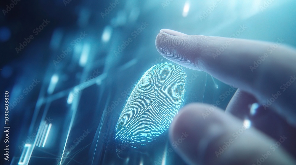 Poster futuristic technology concept with fingerprint identification on a digital touchscreen interface for