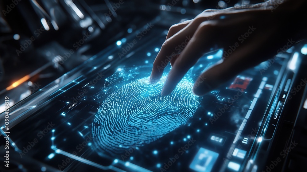 Poster futuristic technology display featuring fingerprint recognition with high-tech interface and hand to
