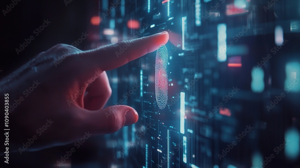 Poster digital fingerprint scanner with futuristic interface highlighting biometric authentication in a hig