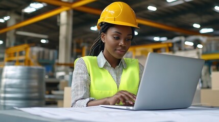 Professional Female Worker in Hard Hat Utilizing Laptop for Project Management in Industrial Warehouse Environment