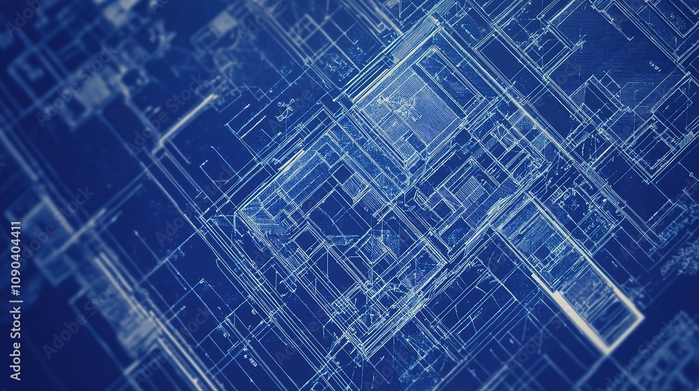 Poster abstract blueprint design with intricate lines and geometric shapes on deep blue background for arch