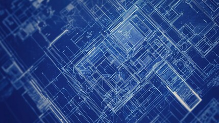 Fototapeta premium Abstract Blueprint Design with Intricate Lines and Geometric Shapes on Deep Blue Background for Architectural and Engineering Concepts