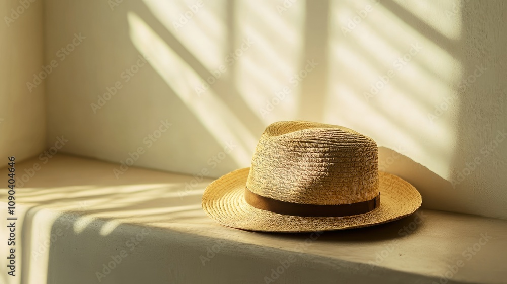 Poster comfortable straw hat placed on a sunlit windowsill with soft shadows creating a warm and inviting a