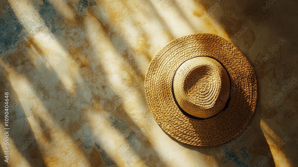 Poster rustic straw hat with sunlit shadows on a textured background creating a warm and inviting atmospher