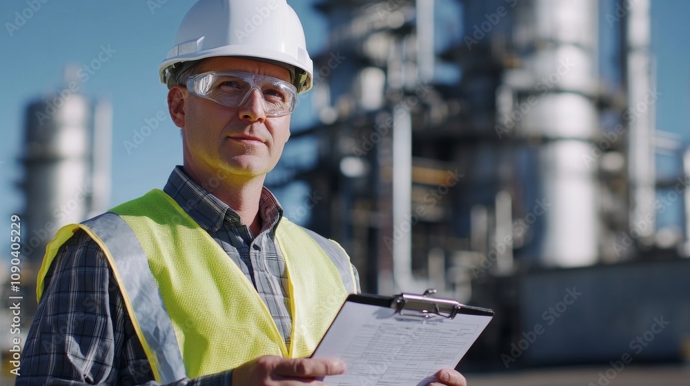 Poster a portrait of a site inspector in a hard hat and reflective vest, holding a checklist and looking at