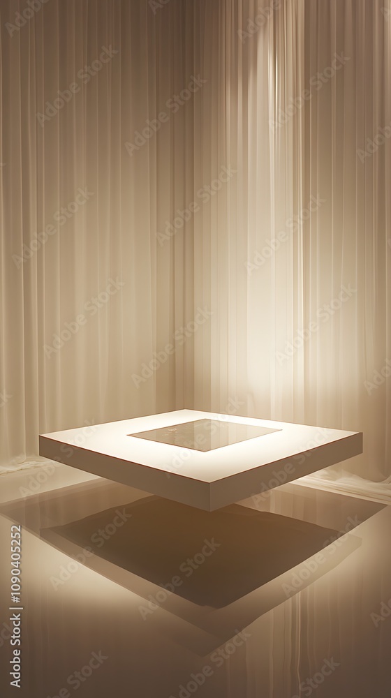 Aufkleber 16. a simple white podium with a reflective surface, softly lit from above, creating a spacious area