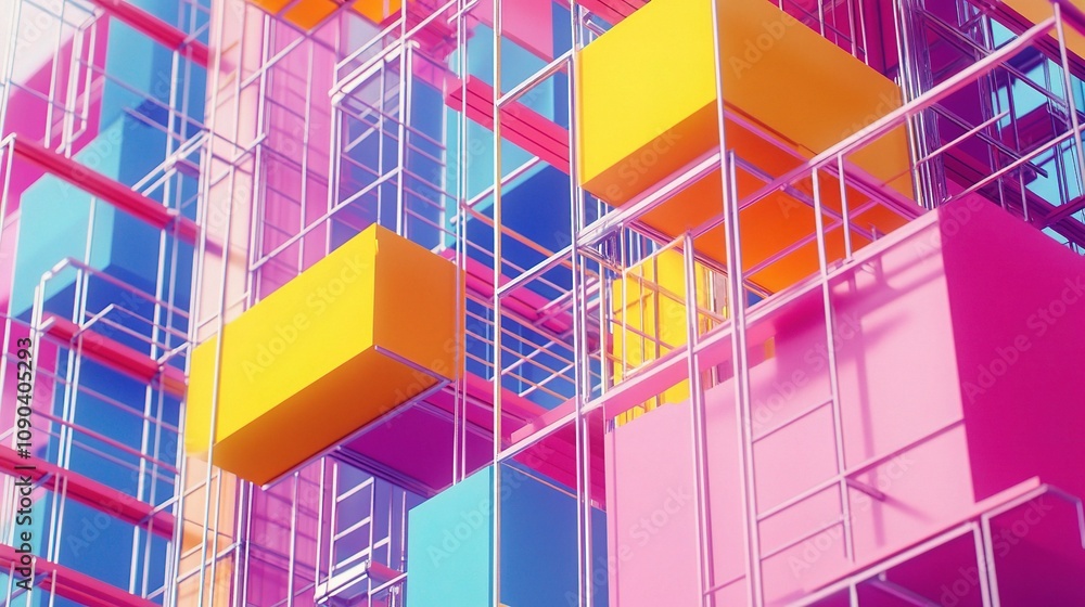 Poster abstract geometric composition showcasing colorful cubes and linear structures for creative design p