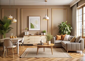 Fototapeta premium Elegant Beige Home Living Room Interior with Dining Table and Mockup Frame for Generative AI Creations