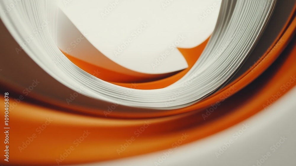 Poster abstract composition of curved paper sheets in shades of white and orange creating a dynamic and mod