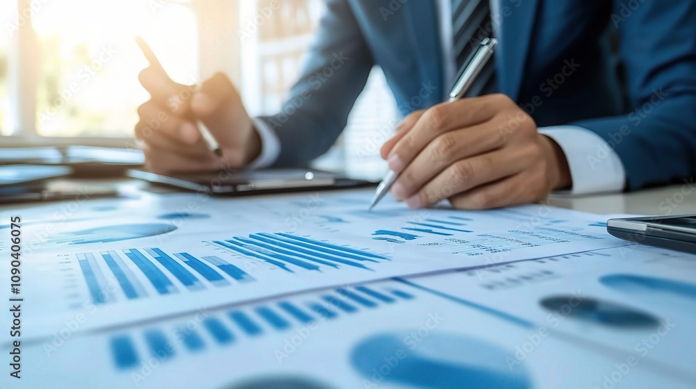 Aufkleber business professional analyzing financial reports and data charts with a pen and smartphone in a mod