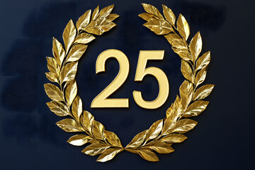 Golden number 25 encircled by an elegant laurel wreath, symbolizing excellence, milestones, and...