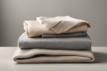 Neatly folded clothes in soft, neutral colors like beige and grey, arranged on a clean, light surface with soft, natural lighting, creating an organized, serene atmosphere.
