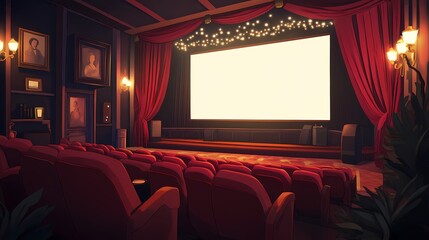 Fototapeta premium Cozy and Elegant Vintage Movie Theater Interior with Plush Red Seats and Warm Ambient Lighting, Perfect for Film Lovers and Nostalgic Movie Experiences