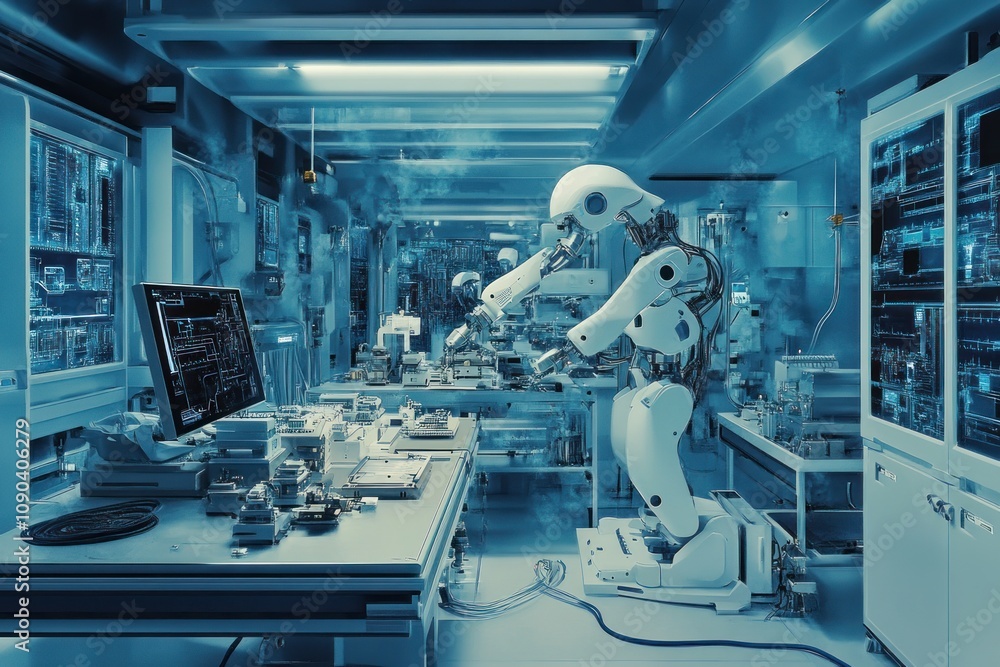 Aufkleber futuristic robotic arm assembling parts in a high-tech lab.