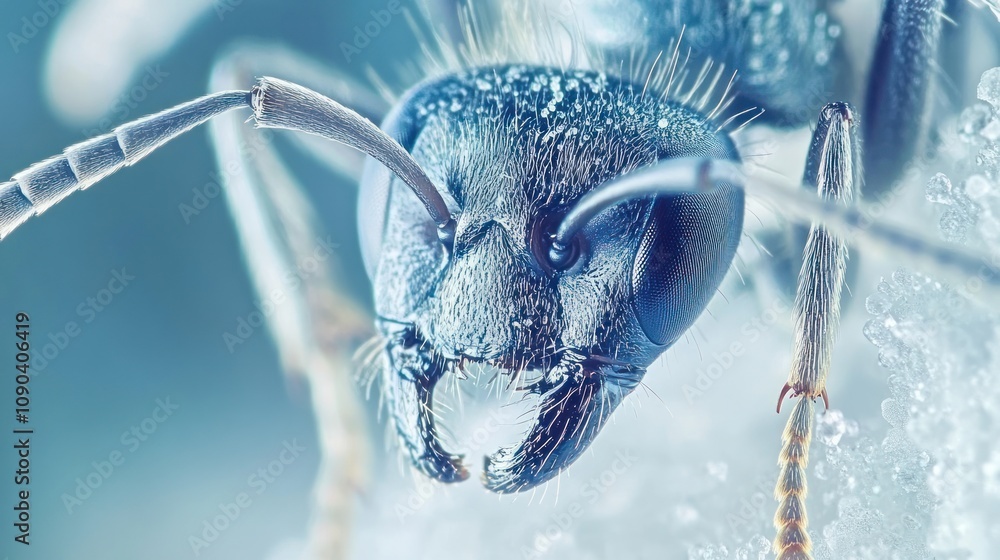 Poster a close-up view of an ant showcasing its intricate features and textures.