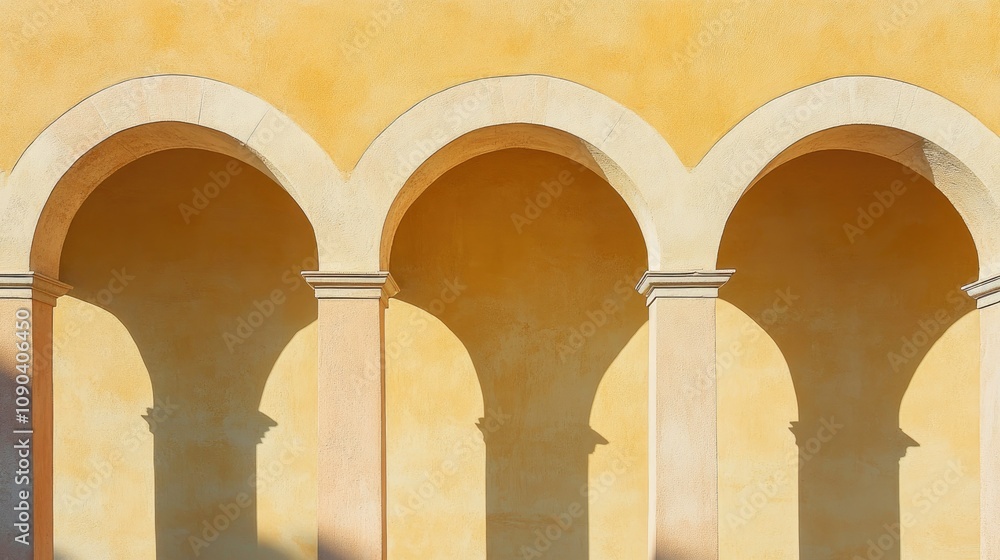 Poster beautiful arches on a warm yellow wall with soft shadows creating a tranquil and inviting atmosphere