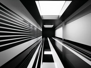 Obraz premium Dramatic black and white striped hallway beneath an overhead skylight in a contemporary structure.