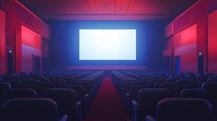 Fototapeta premium Modern Cinema Interior with Empty Seats and Bright Projection Screen Surrounded by Red and Blue Lighting for Film and Entertainment Enthusiasts
