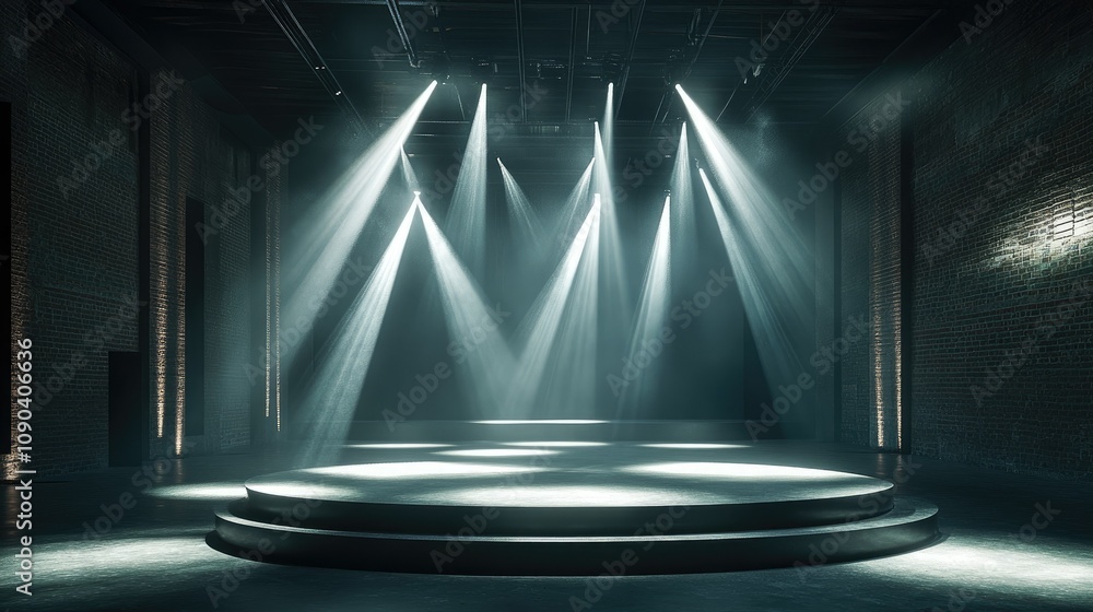 Poster dramatic stage illumination with spotlights and smoke effects creating a dynamic atmosphere for perf
