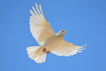 Obraz premium A single white dove flying against a clear blue sky, symbolizing peace and freedom