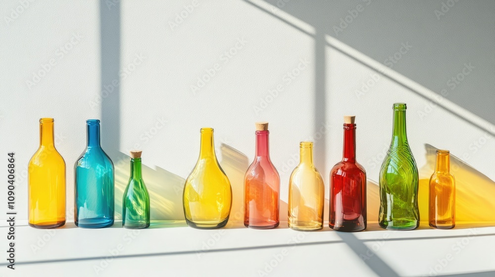 Poster colorful bottles in various shapes and sizes cast vibrant shadows on a minimalist background, creati