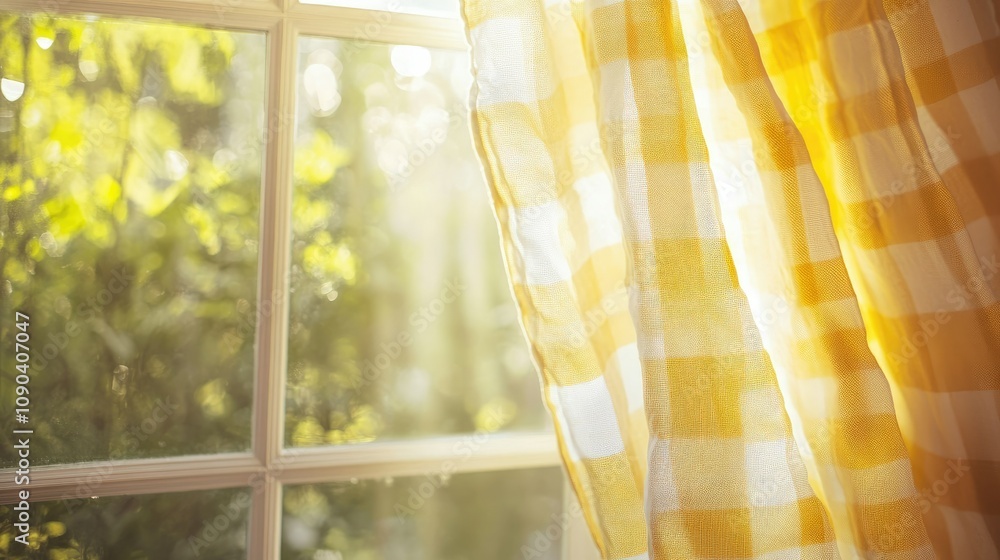 Poster soft morning light filtering through yellow checkered curtain with natural greenery in background to