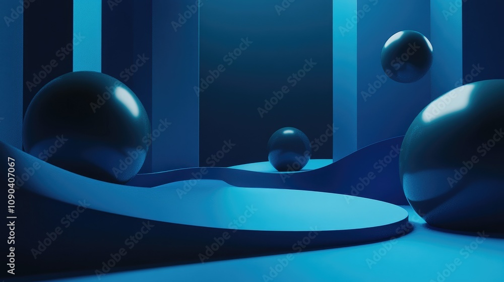 Poster abstract blue scene with smooth curves and glossy spheres creating a serene and modern atmosphere, p