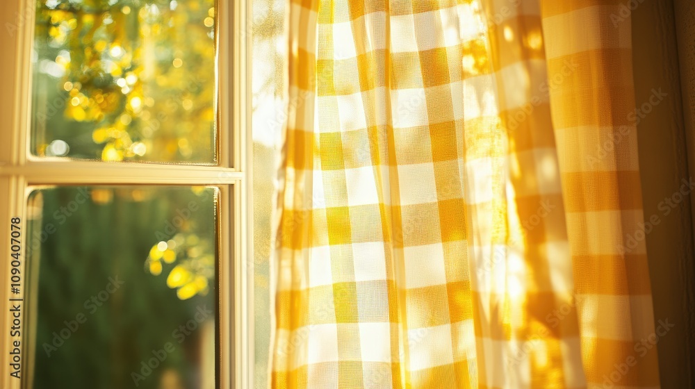 Poster soft sunshine filtering through a cozy yellow checkered curtain in an inviting window space creating
